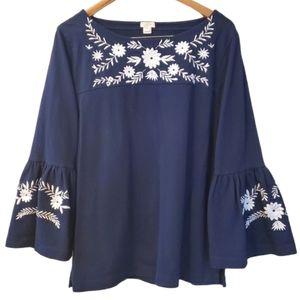 J Crew Navy Floral Embroider Bell Sleeve Blouse XL